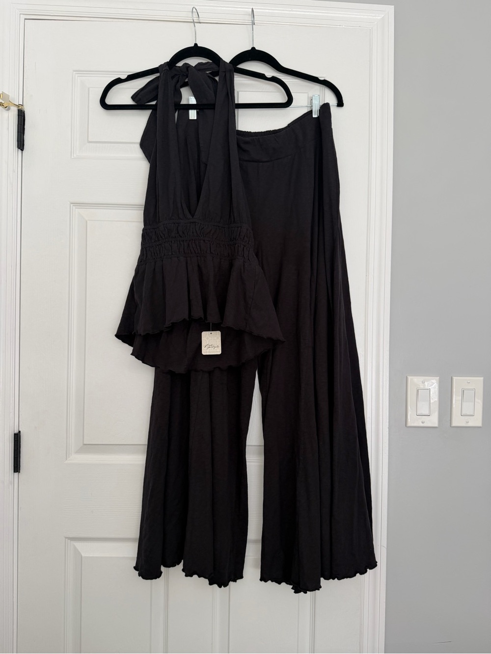 Free People Black Wide-Leg Jumpsuit Set with Smocked Peplum Top